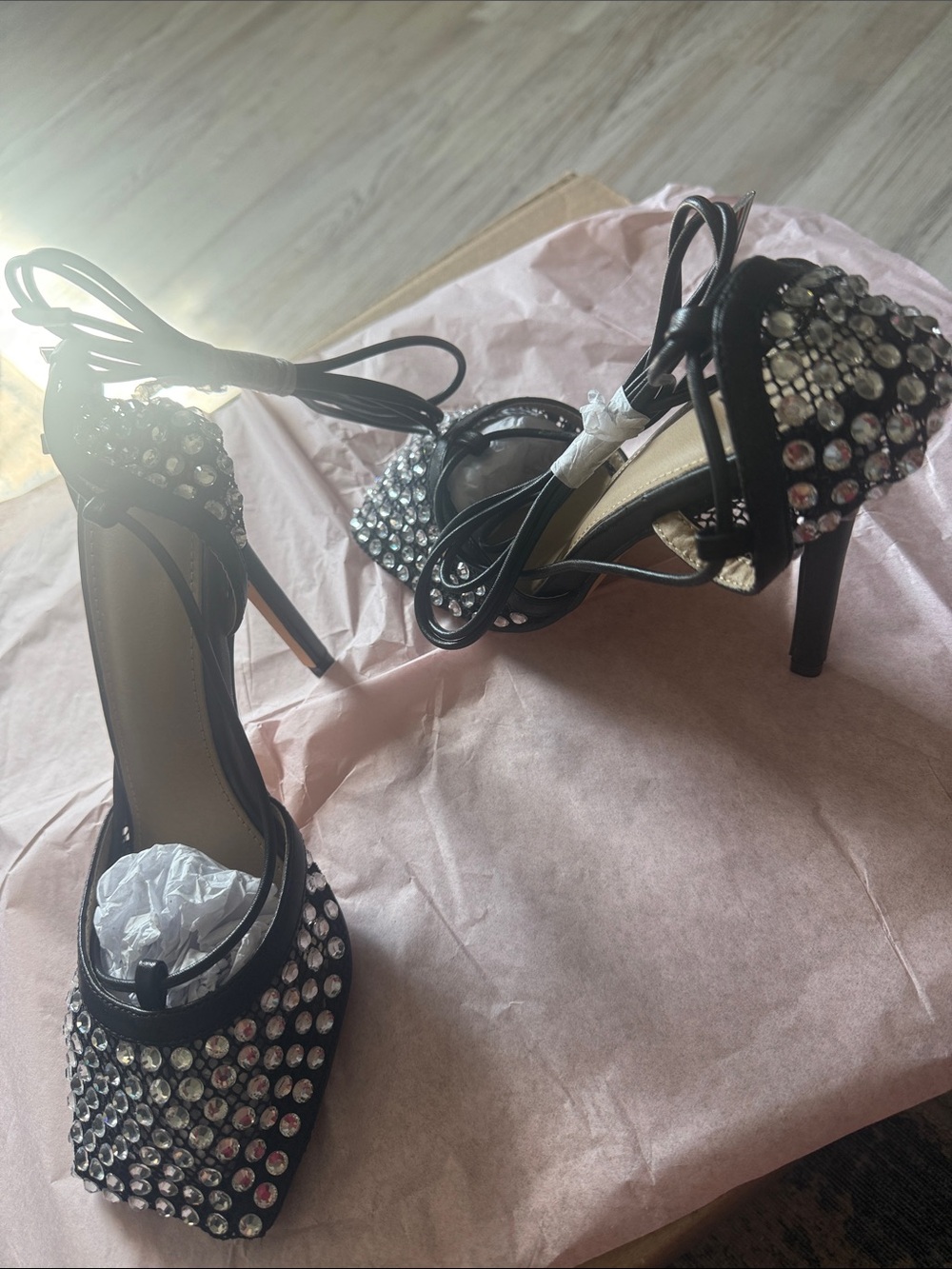 Black Crystal Embellished Lace-Up High Heel Sandals